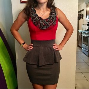 Red and Gray Peplum Game Day Dress