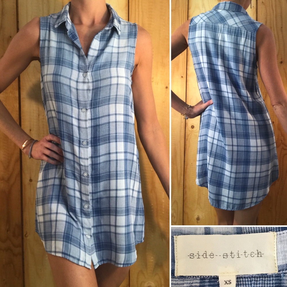 Side Stitch Flannel Sleeveless Shirt Dress XS Blue