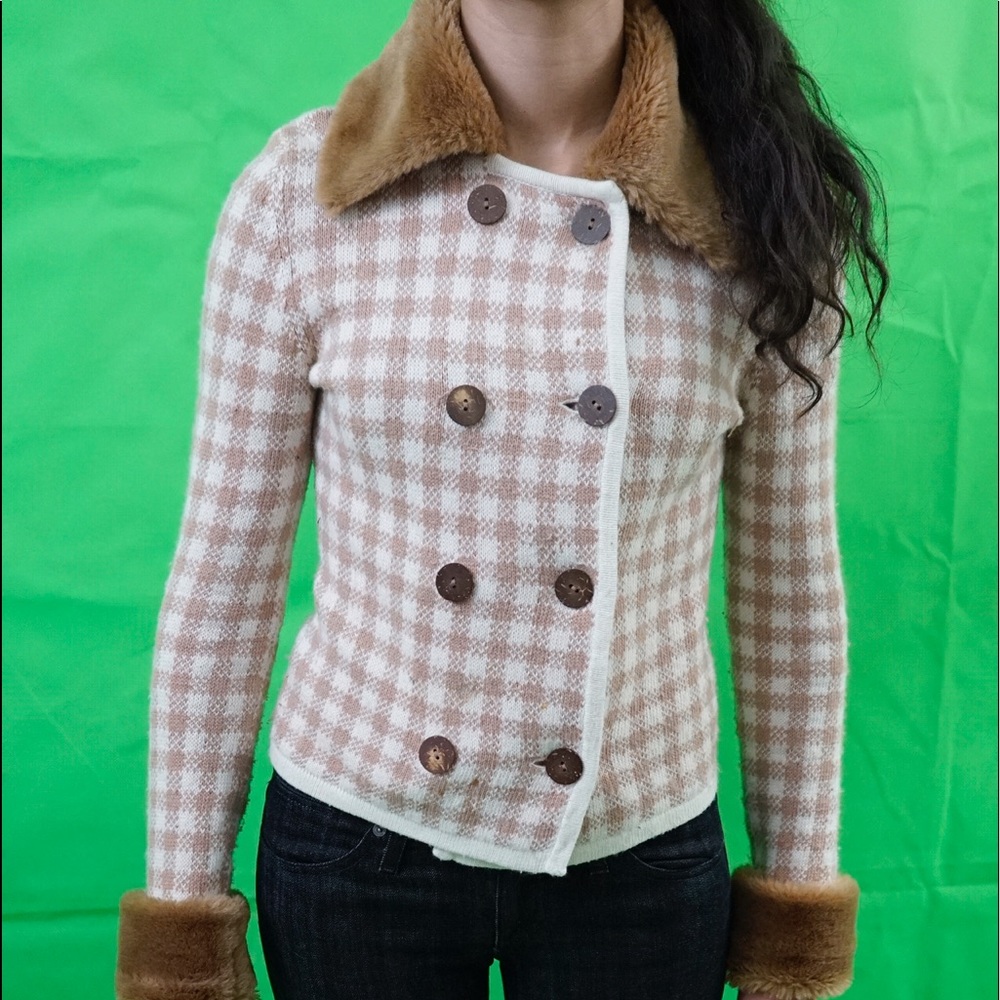 Faux fur collar & cuffs angora plaid sweater