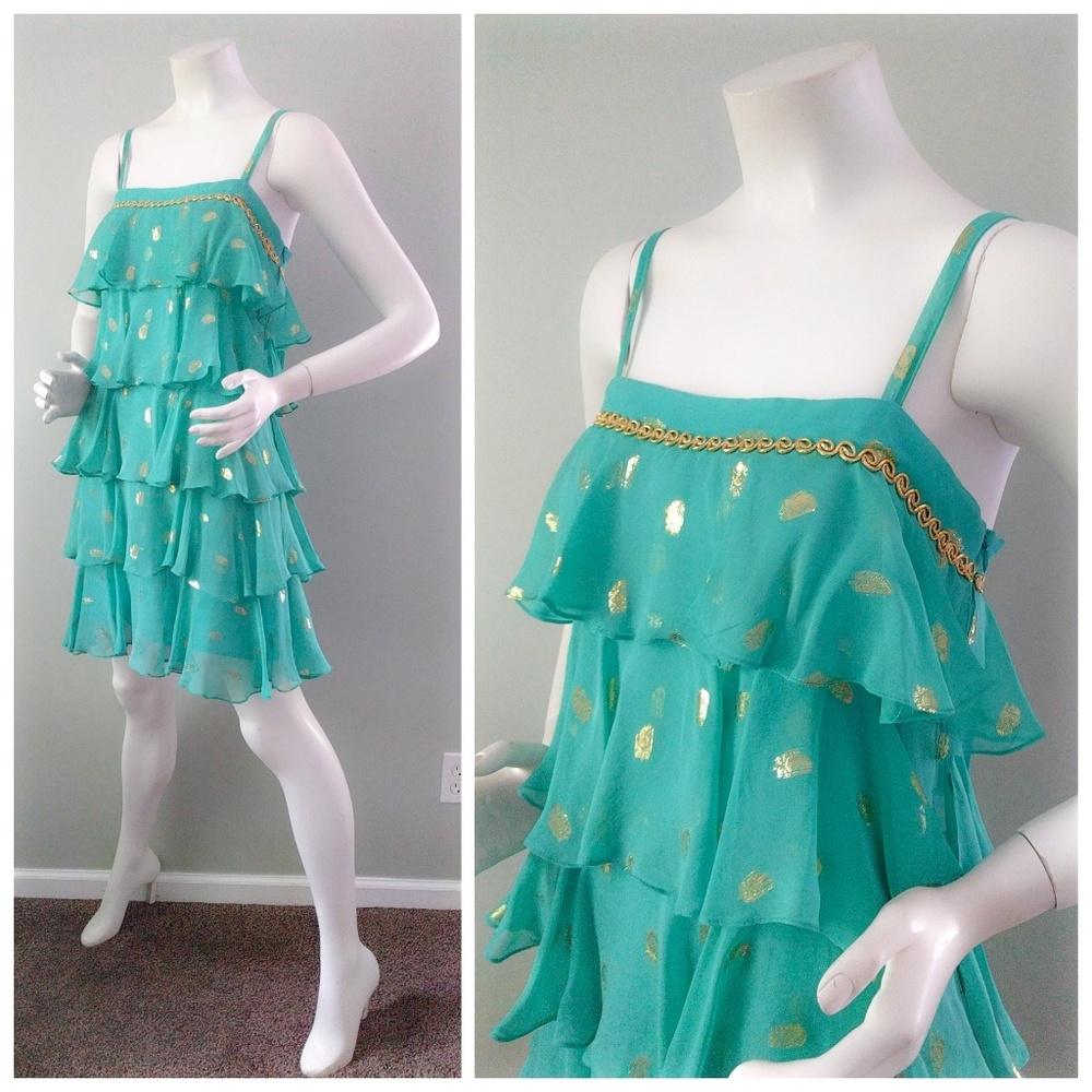 Milly New York Turquoise Gold Lame Tiered Sari Silk Flapper Dress 4 - Picture 1 of 6