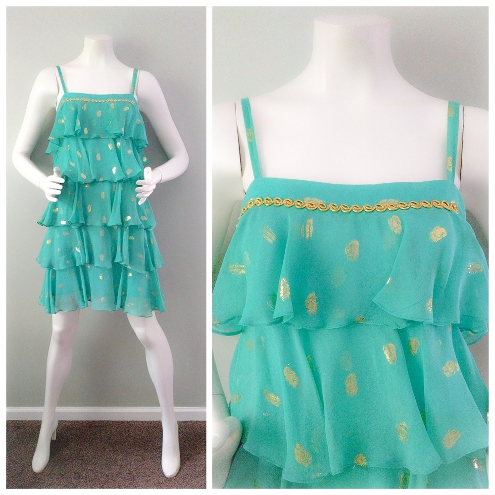 Milly New York Turquoise Gold Lame Tiered Sari Silk Flapper Dress 4 - Picture 2 of 6
