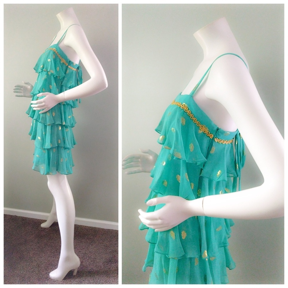 Milly New York Turquoise Gold Lame Tiered Sari Silk Flapper Dress 4 - Picture 3 of 6