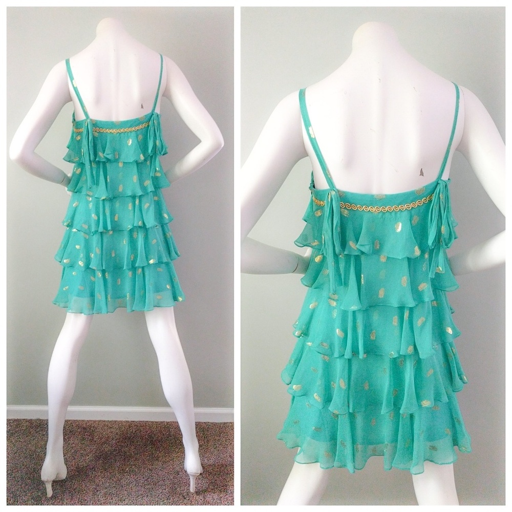Milly New York Turquoise Gold Lame Tiered Sari Silk Flapper Dress 4 - Picture 4 of 6