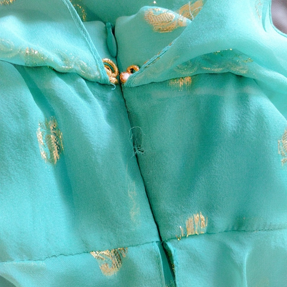Milly New York Turquoise Gold Lame Tiered Sari Silk Flapper Dress 4 - Picture 5 of 6