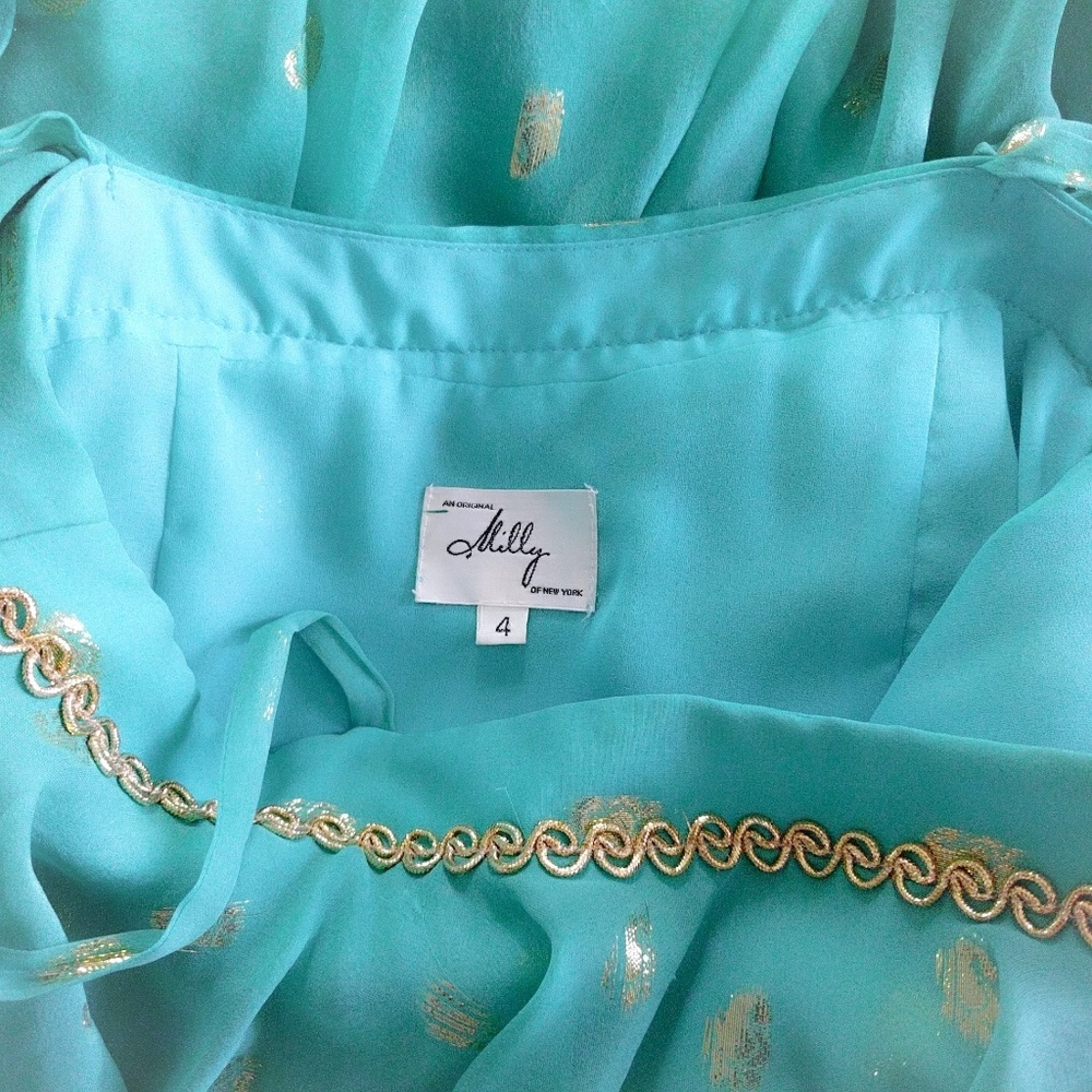 Milly New York Turquoise Gold Lame Tiered Sari Silk Flapper Dress 4 - Picture 6 of 6