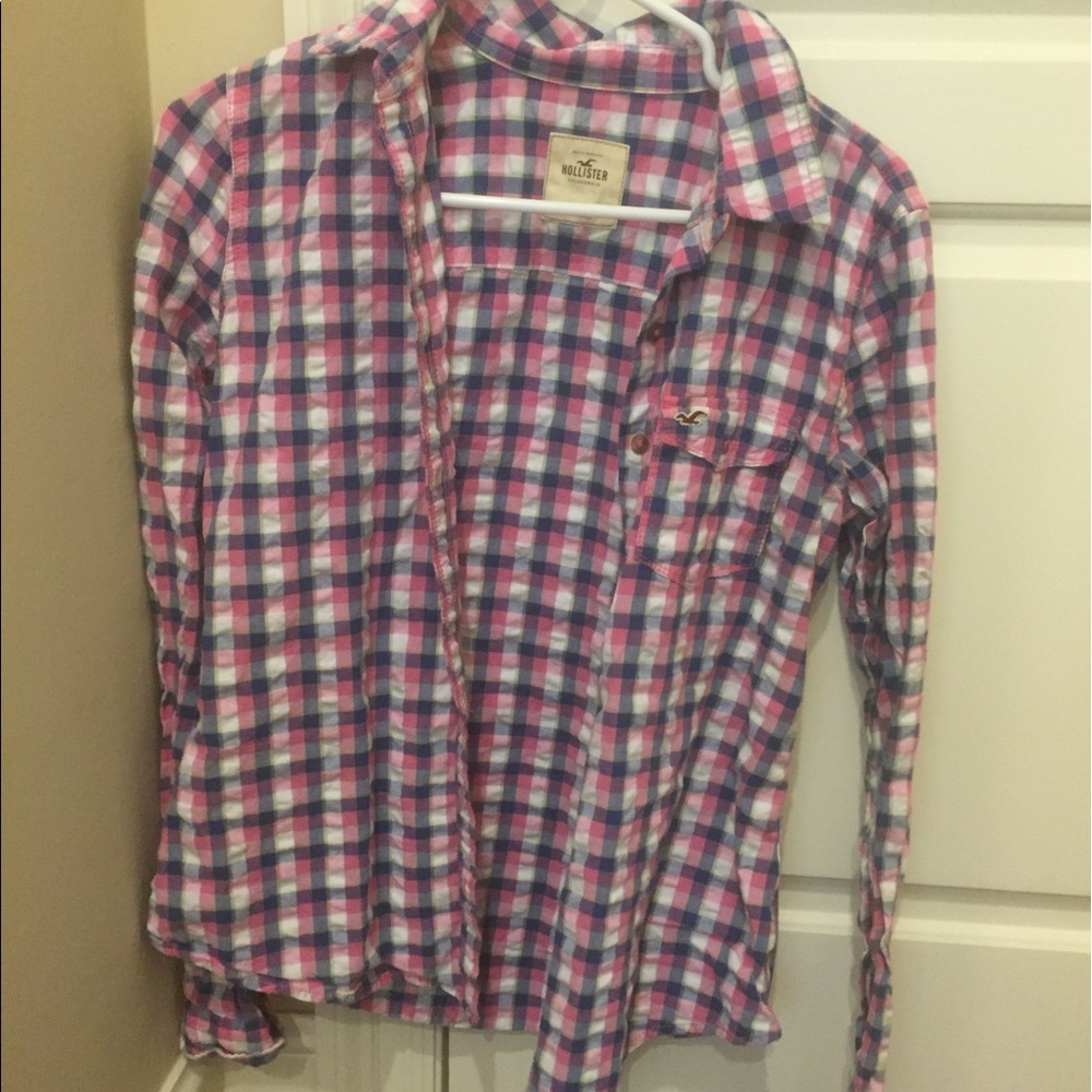 Plaid pink,white, and blue button down shirt