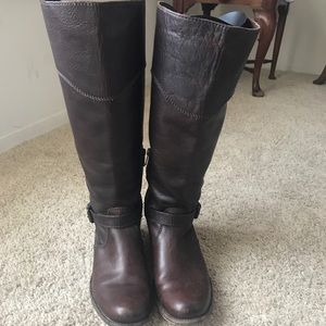 Frye Phillip Buckle Brown Leather Riding Boots.