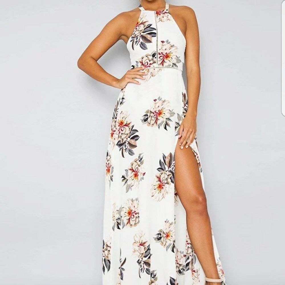 White Maxi Boho Dress W/ Floral Print