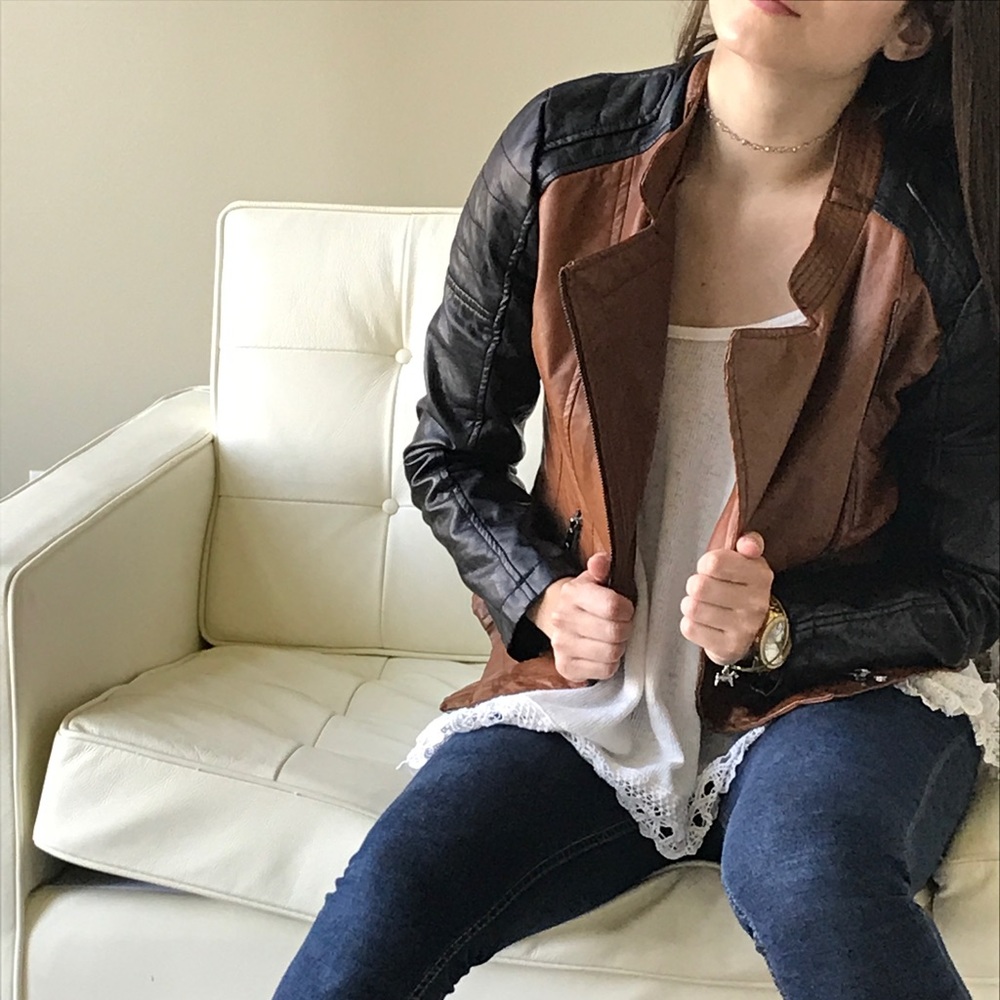 Brown and black leather motorcycle jacket