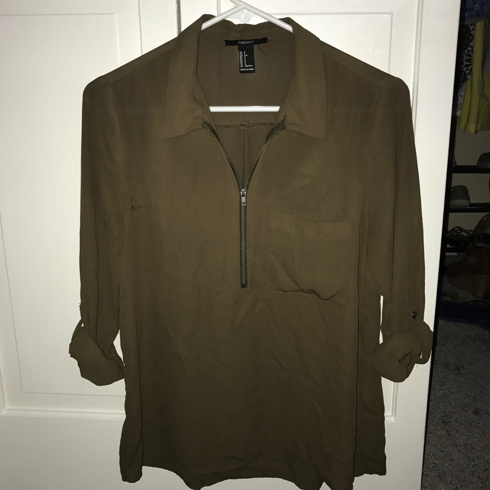 Olive Green Quarter Zipper Collared Shirt