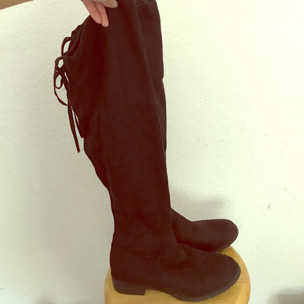 Black suede over the knee boots with tie