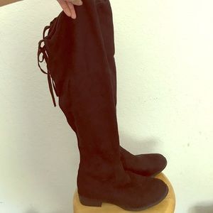 Black suede over the knee boots with tie