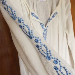 white midi dress with blue embroidery