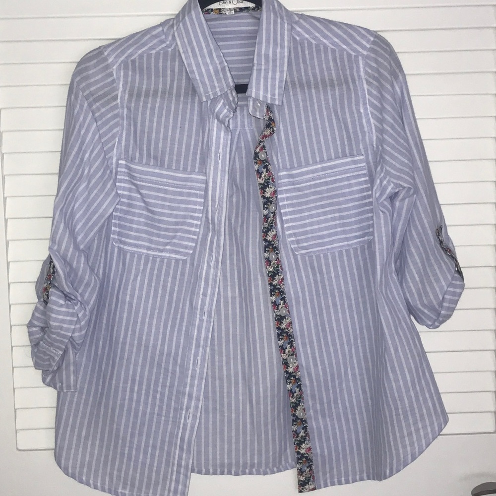 Striped button up blouse with floral details