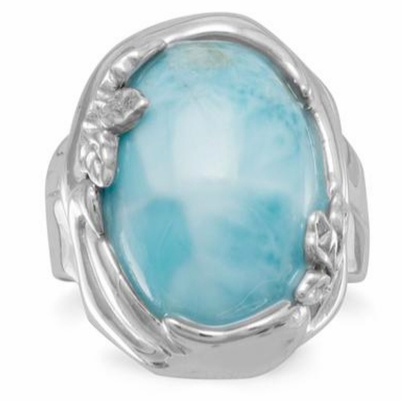 RHODIUM PLATED LARIMAR RING LEAF DESIGN RING - Picture 1 of 2