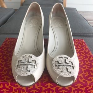 Tory Burch White Sally 2 Peep Toe Wedge Pumps