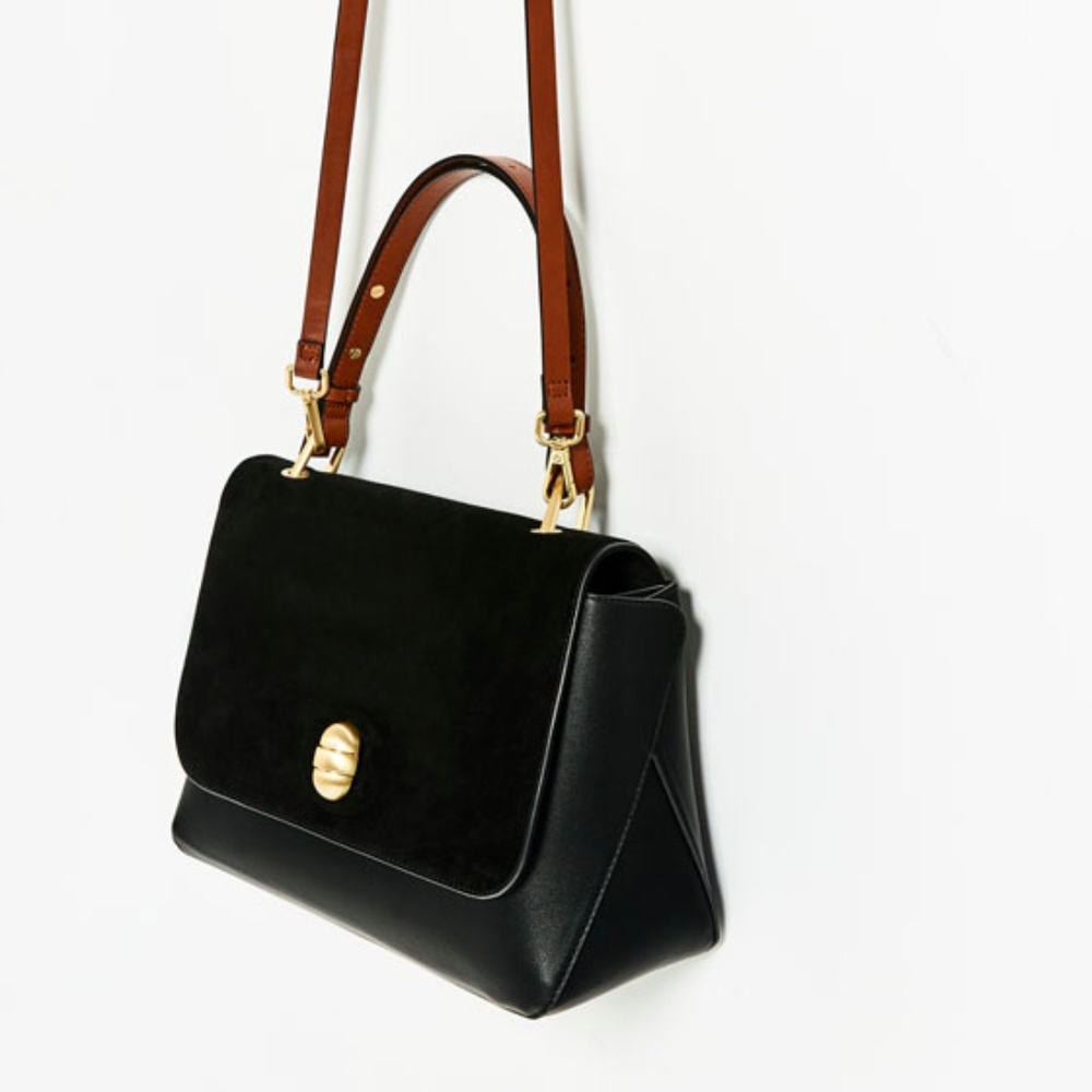 Zara black bag suede front gold clasp BRAND NEW WT