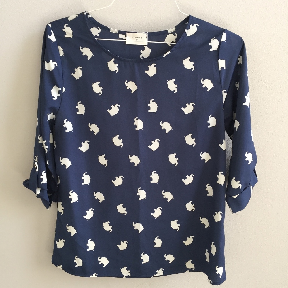 SOLD: Women's Navy Blouse w/ White Elephant Print