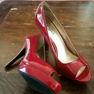 Patent leather red peep toe red heels