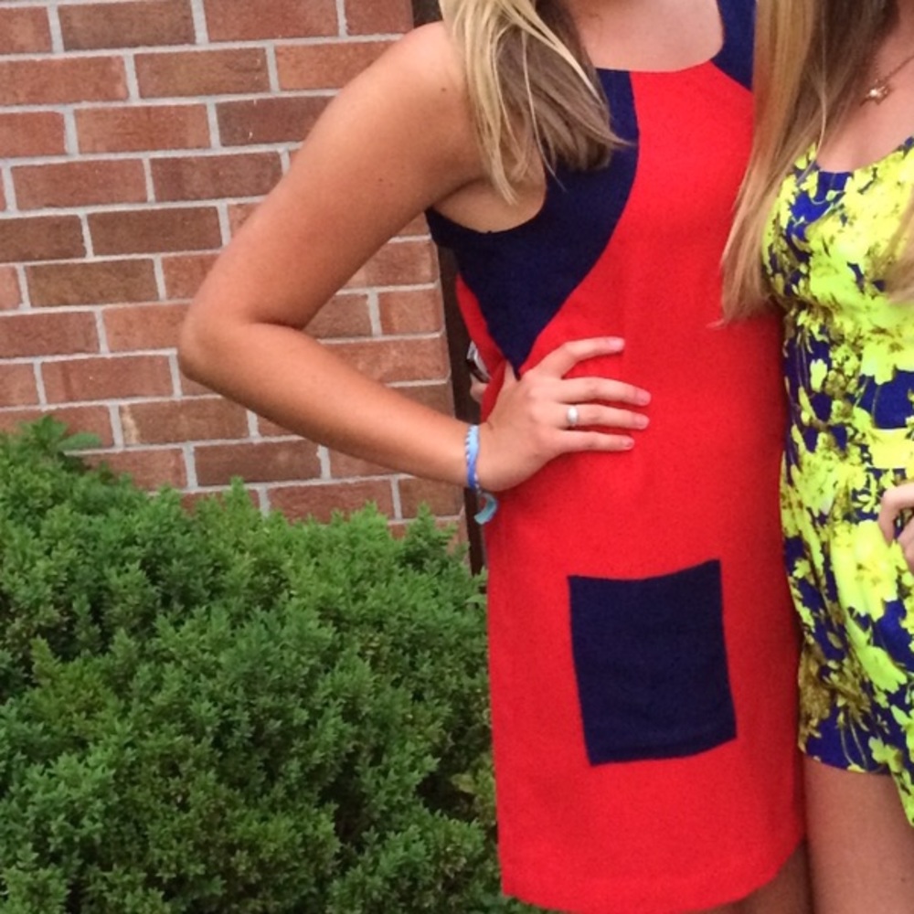 Navy and red color block dress