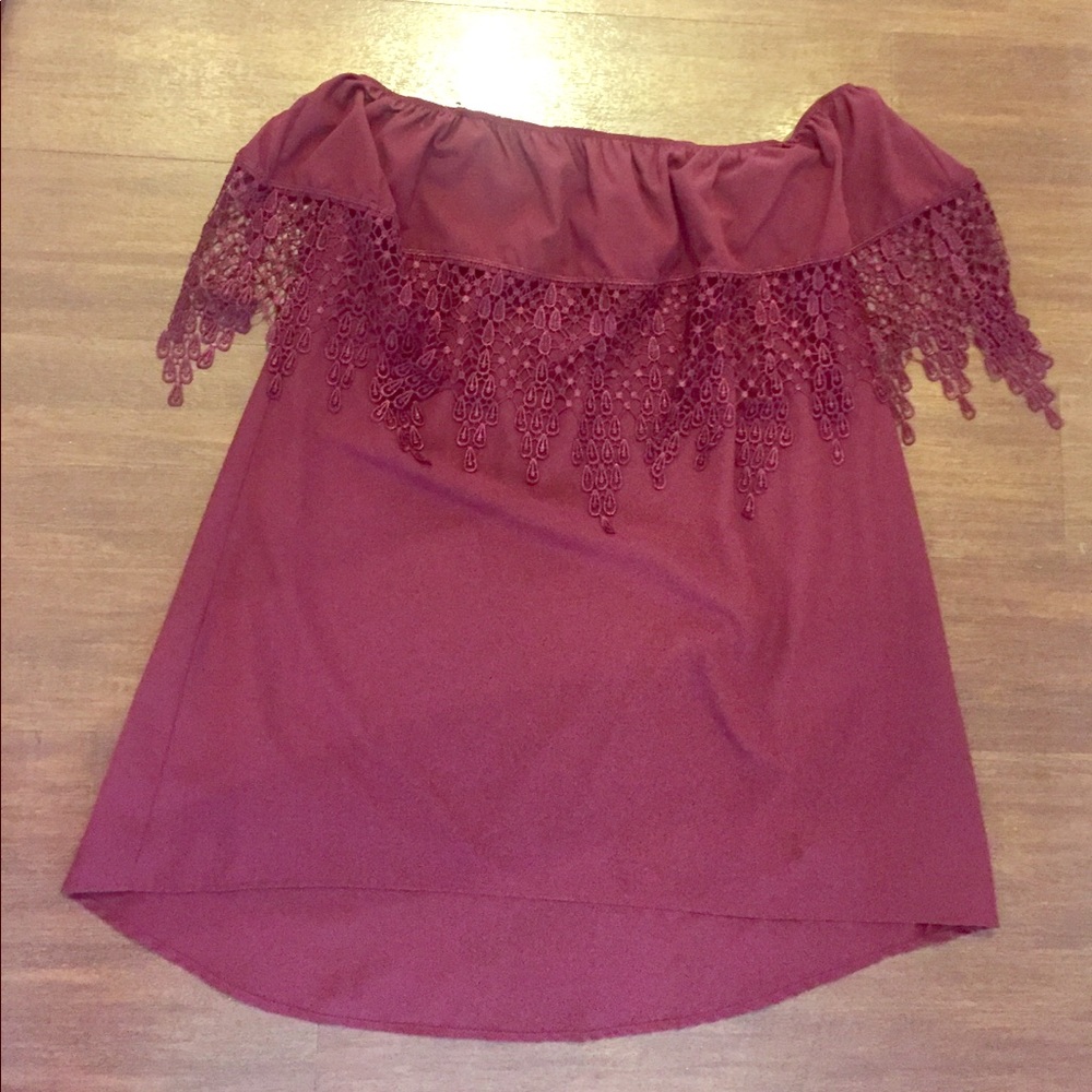 Maroon off the shoulder dress with lace detail