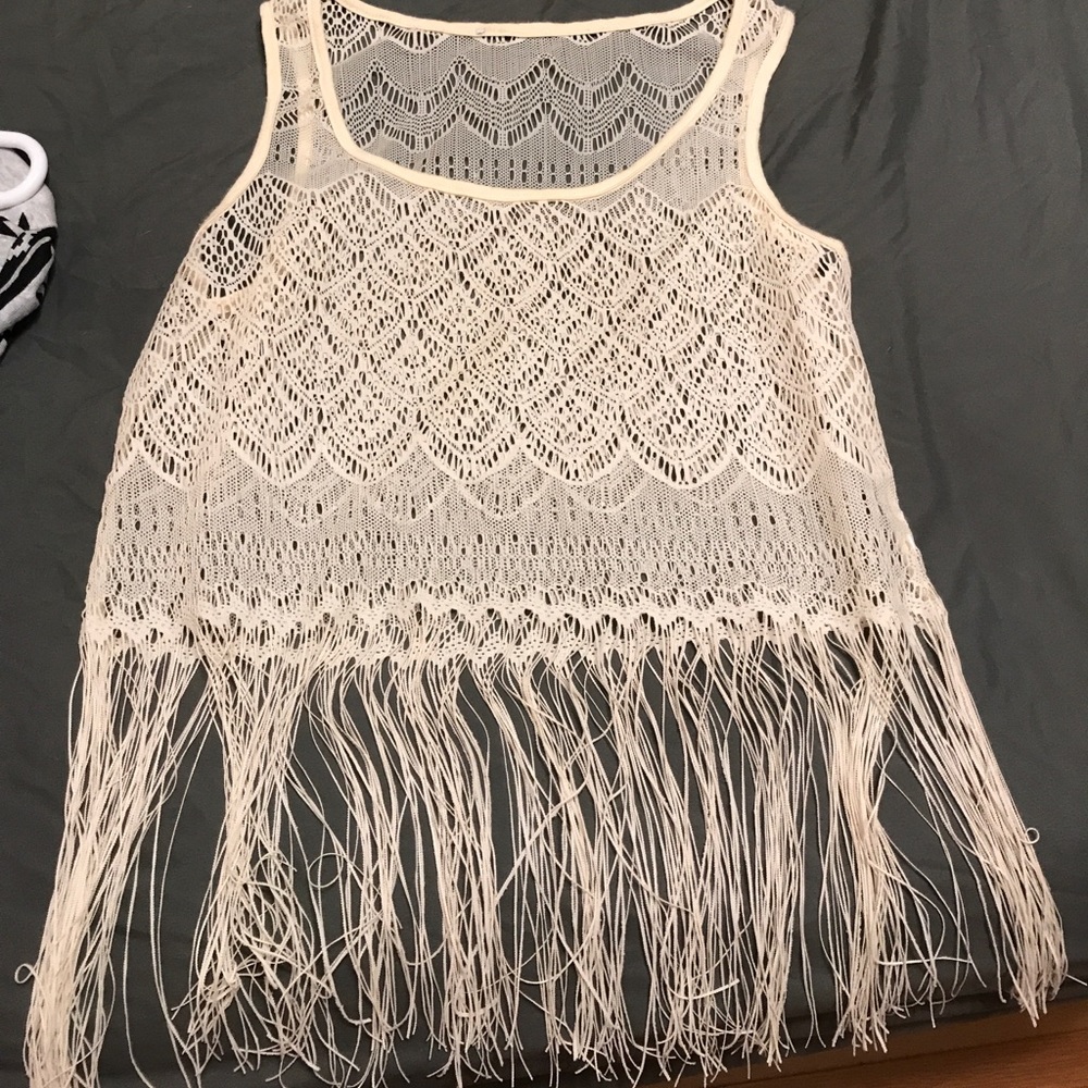 Tan fringe lace crop top!