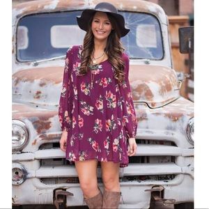 Burgundy Floral Long Sleeve Shift Dress