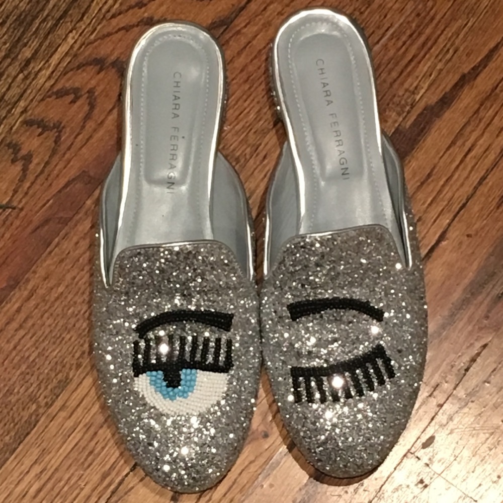 Chiara Ferrgani silver glitter mules