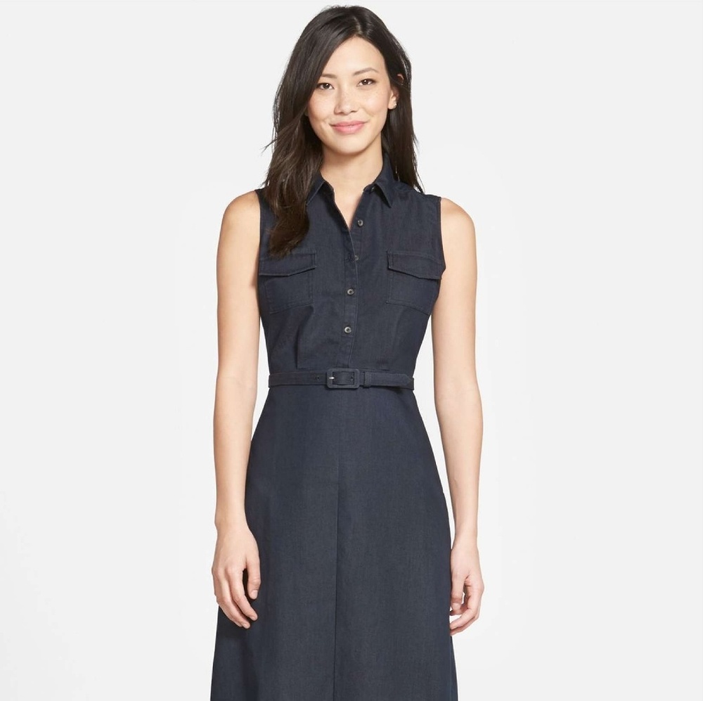 HALOGEN SLEEVELESS BELTED SHIRTDRESS NAVY DENIM