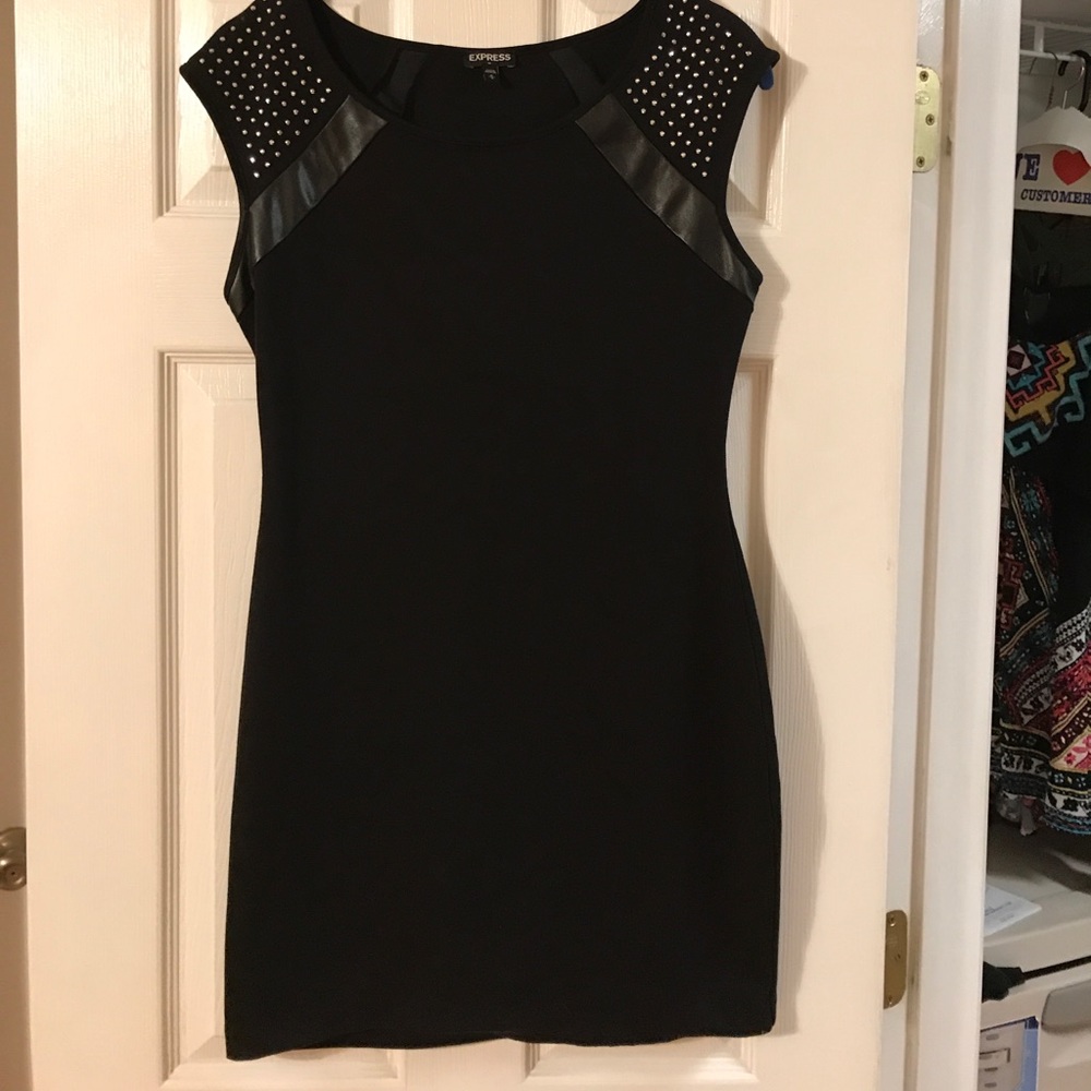 Black express dress with leather & stud shoulders