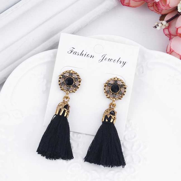 golden threads Jewelry - Black Antique Jeweled Tassel Stud Earrings