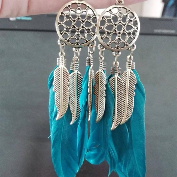 Dream Catcher Feather Blue Earrings - Picture 6 of 6