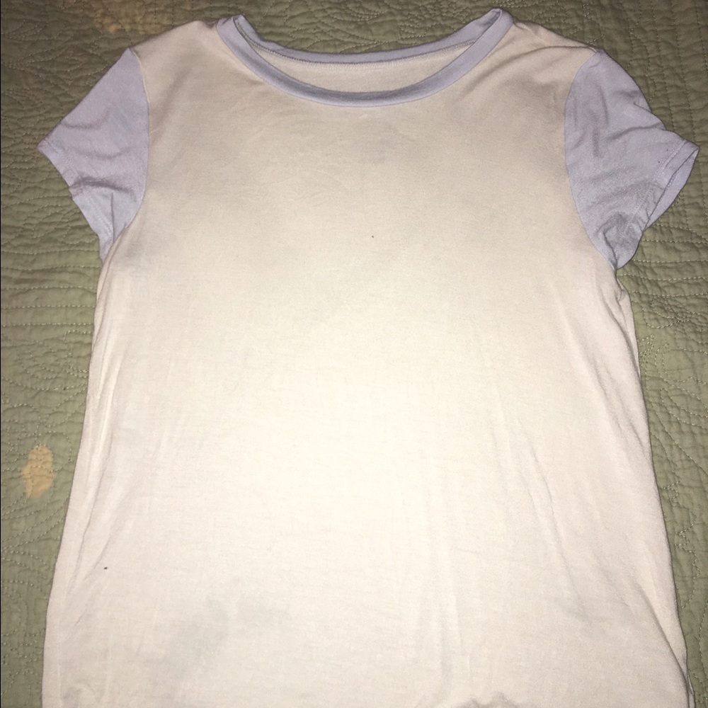 white tee with baby blue sleeves