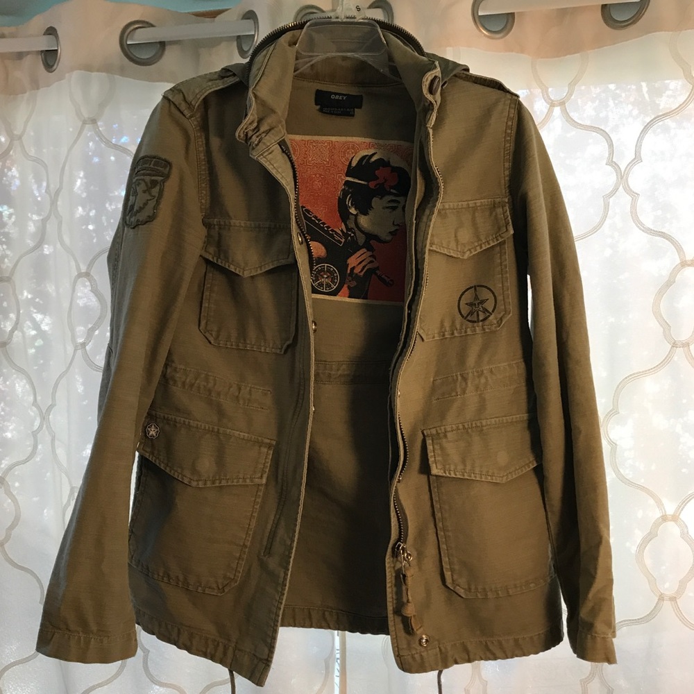 OBEY military jacket with ties to accentuate waist