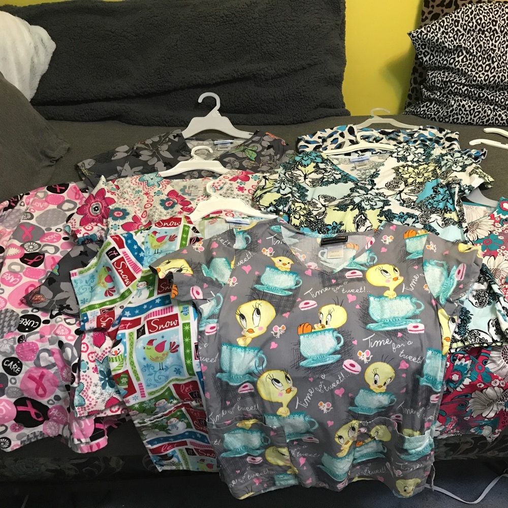 Scrub tops (total of 12) and bottoms (2)