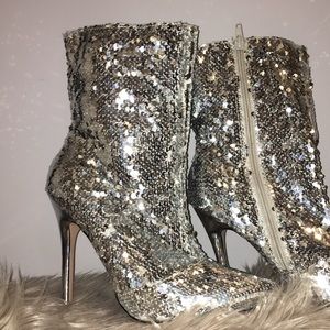 Silver sequin pointed toe heeled booties