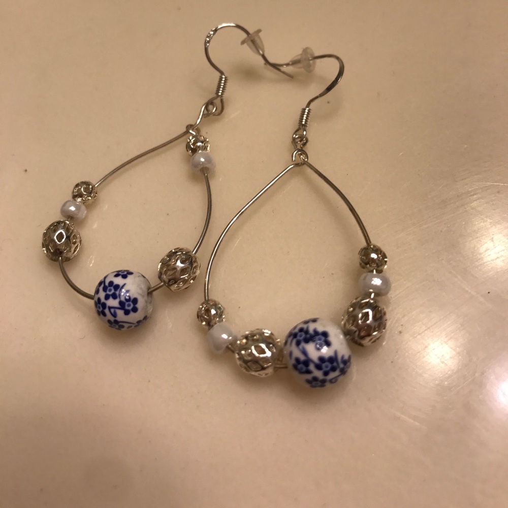 Blue and white beaded earrings