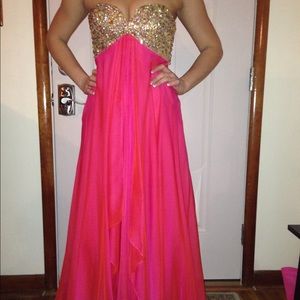Strapless pink prom dress.