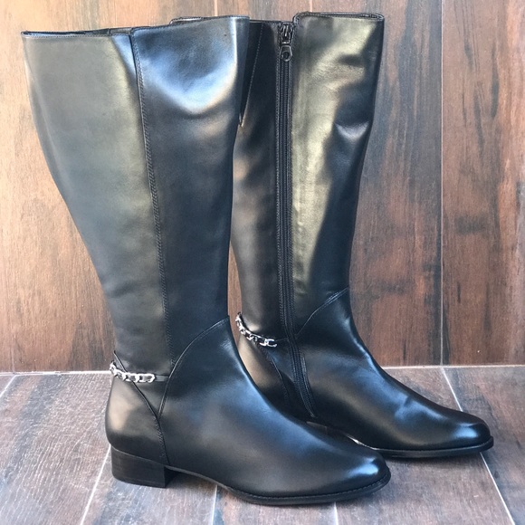 Black Wide Calf Chain Strap Leather Riding Boots - Picture 2 of 6