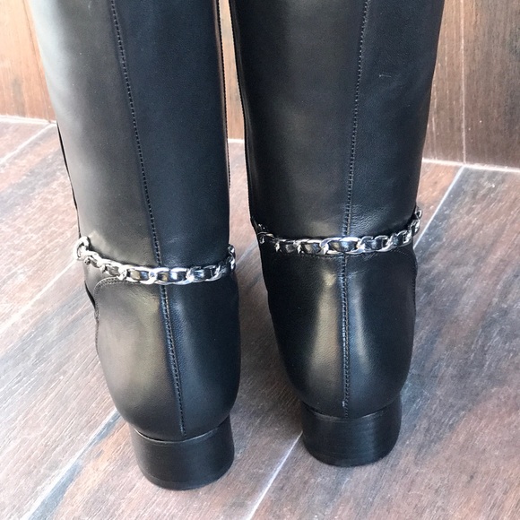 Black Wide Calf Chain Strap Leather Riding Boots - Picture 4 of 6