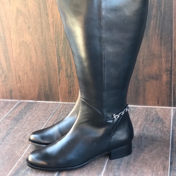 Black Wide Calf Chain Strap Leather Riding Boots - Picture 5 of 6