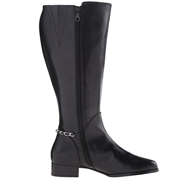 Black Wide Calf Chain Strap Leather Riding Boots - Picture 6 of 6