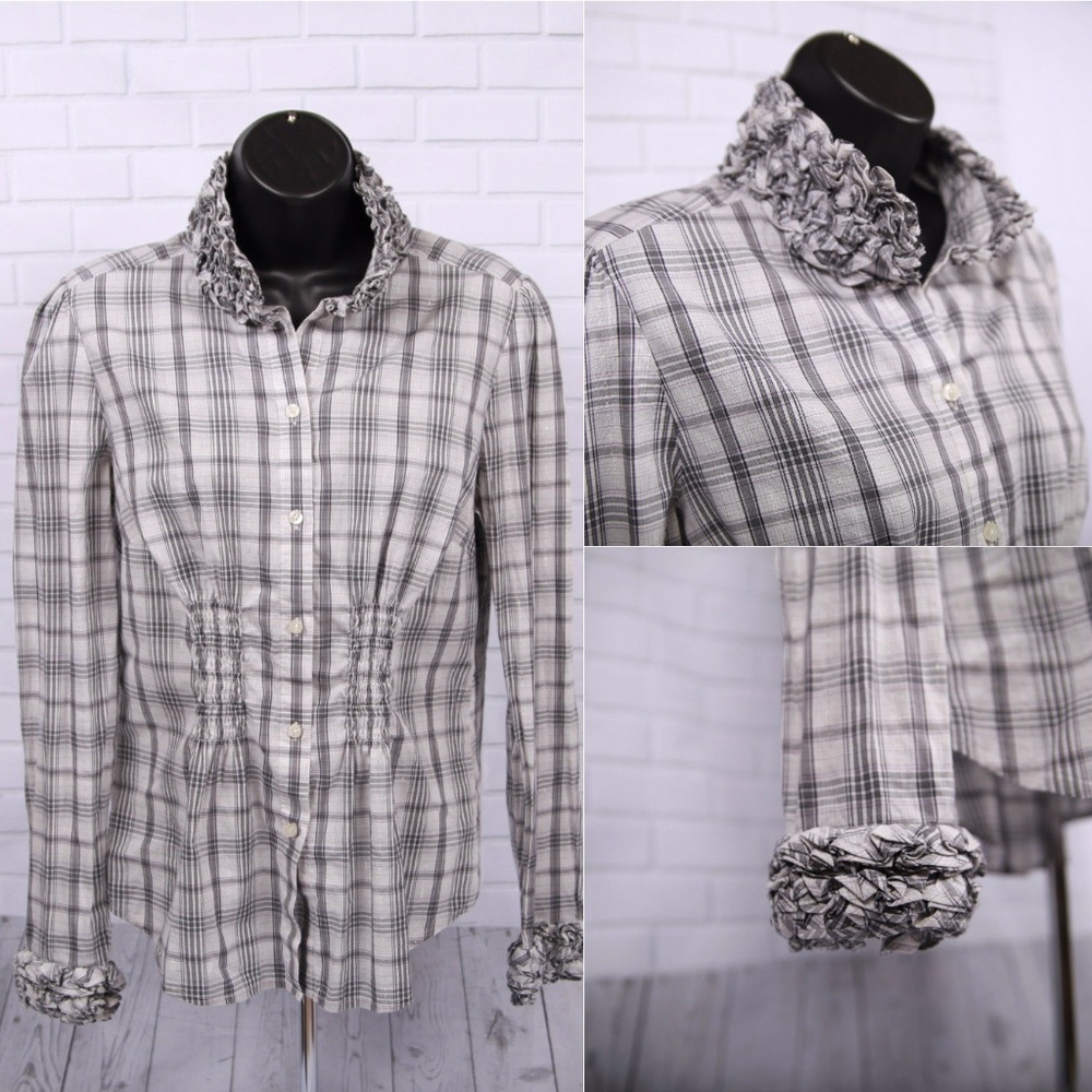 Ann Taylor LOFT Button Down Top Ruffles Plaid
