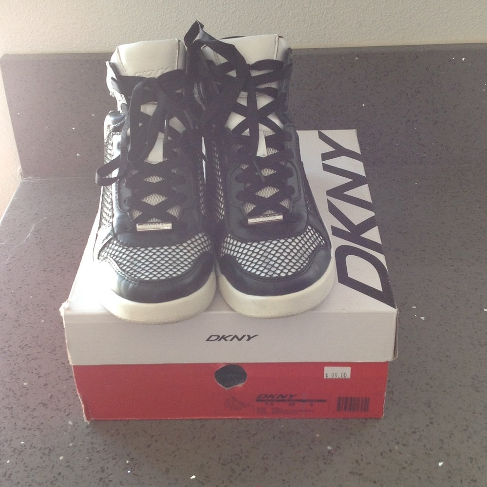 DKNY black and white high top sneakers