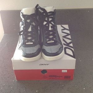 DKNY black and white high top sneakers