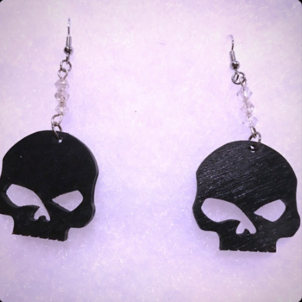 Hand made Wood carved Skull Earrings