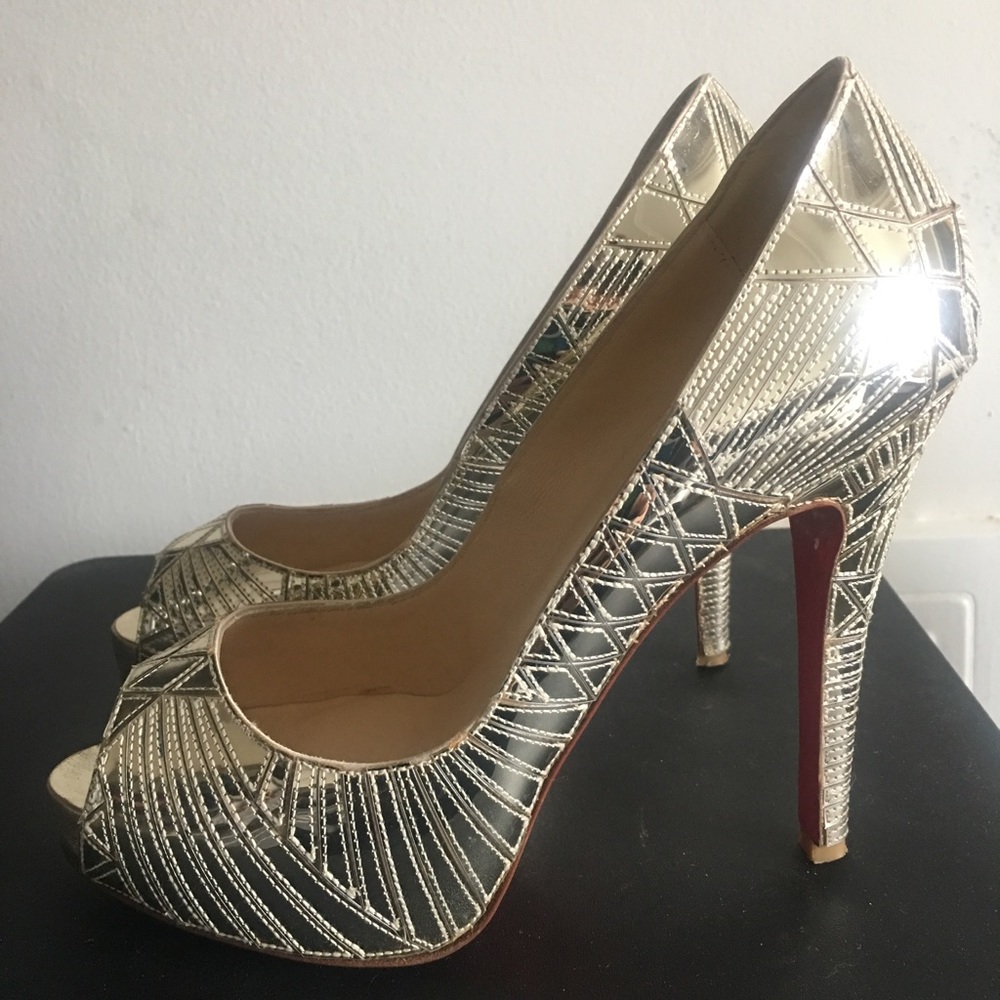 Louboutin Mirror Platform Peep Toe Silver 37.5 7
