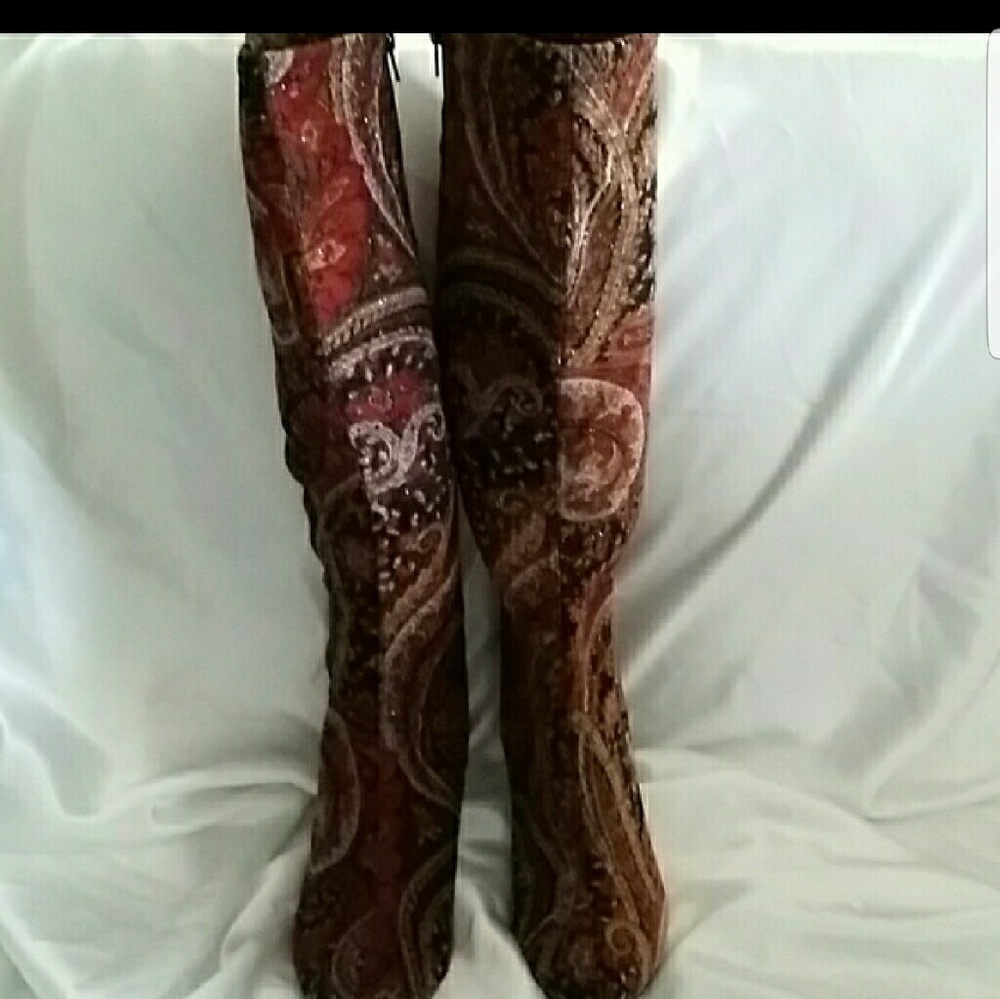 Diba Red Multi Colored Knee High Dress Boots