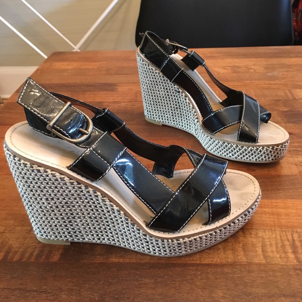 ZARA PATENT LEATHER OPEN TOE KNIT WEDGE HEELS 39 8