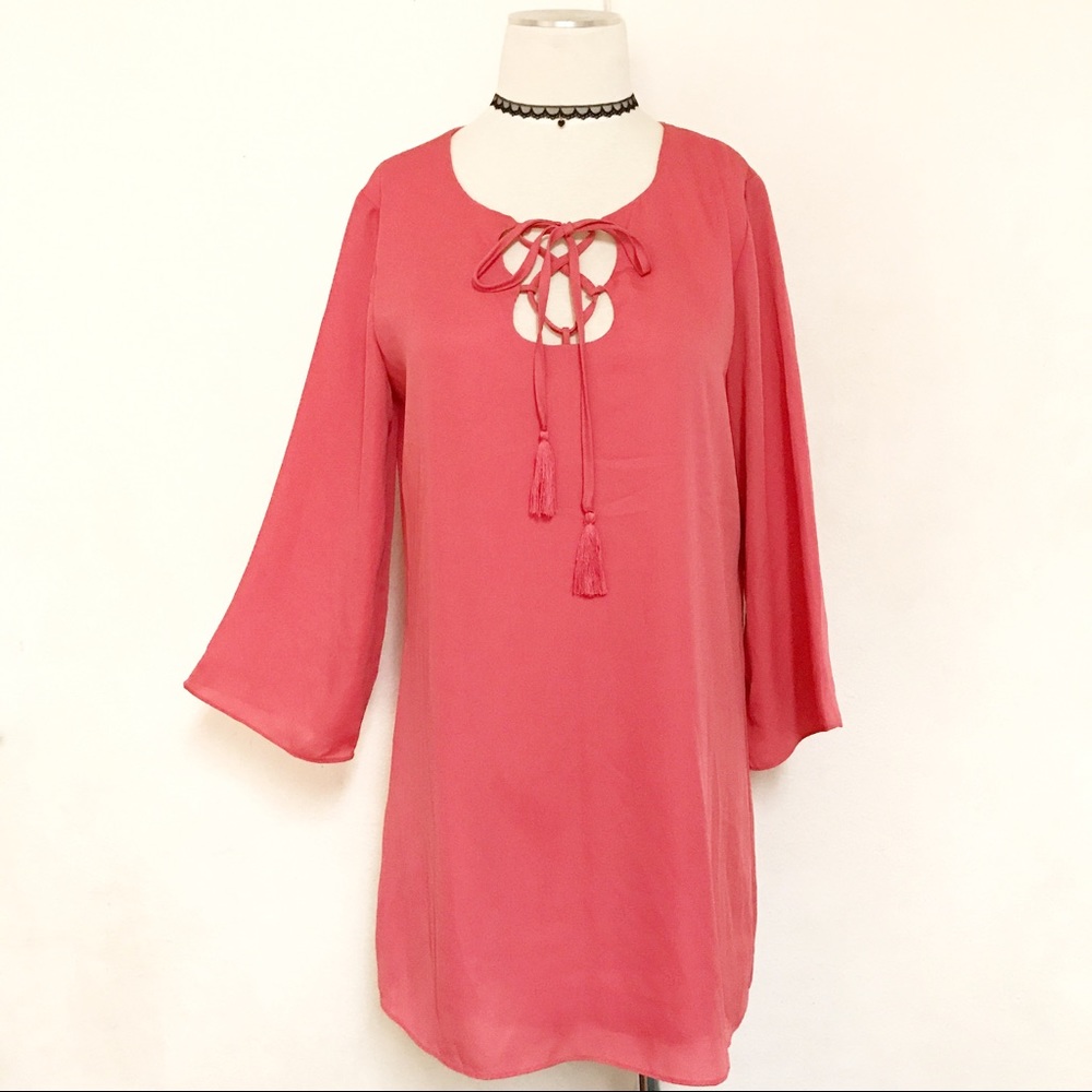 Lace Up Tassel Tie flare Sleeves Boho Tunic dress